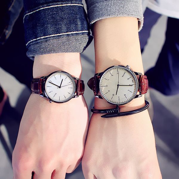 

black and white couple watch watch fashion analog large dial men's and women's leather dress clock quartz, Slivery;brown