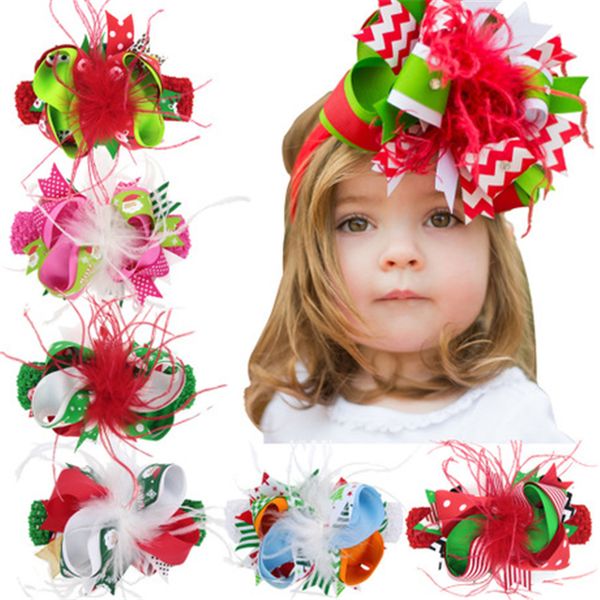 

kids christmas bow feather headband hair clip dual use handmade bow feather barrettes festival baby girls headdress wholesale fj691, Slivery;white