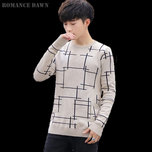 

romance dawn 2019 new korean version of the round neck plaid sweater male youth knit bottoming shirt men's sweater coat, White;black