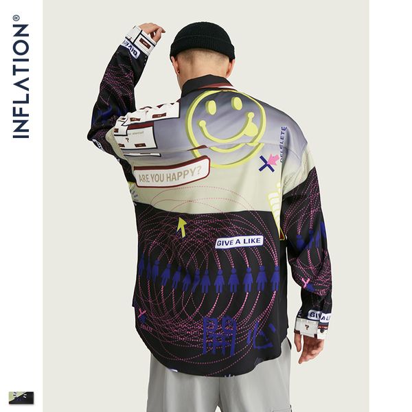 

inflation 2019 fw oversize men shirt streetwear 2019 autumn funny digital print long sleeve men shirt harajuku 92155w, White;black