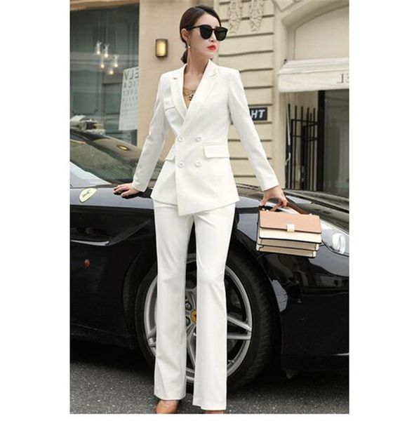 Ternos de calça de negócios brancos para mulheres plus size senhoras blazer duplo breasted com calças terno de trabalho feminino feito sob encomenda {categoria}