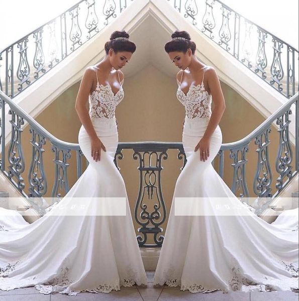 

2019 paghetti trap lace mermaid wedding dre e atin lace applique weep train wedding bridal gown