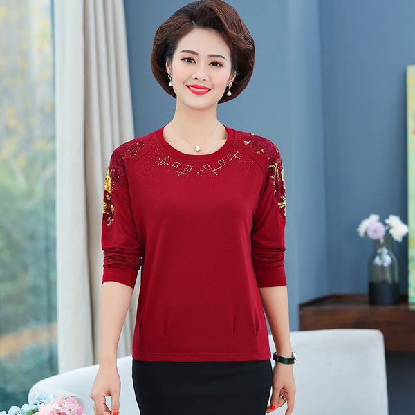 

new women blouse shirt older long sleeve flower printed plus size female middle-aged knitted pullover diamond, White