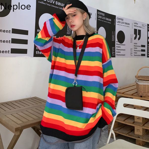 

neploe 2019 осень радуга свитер женщины сыпучие вязание пуловеры harajuku streetwear ladies vintage перемычка sueter mujer 55268, White;black