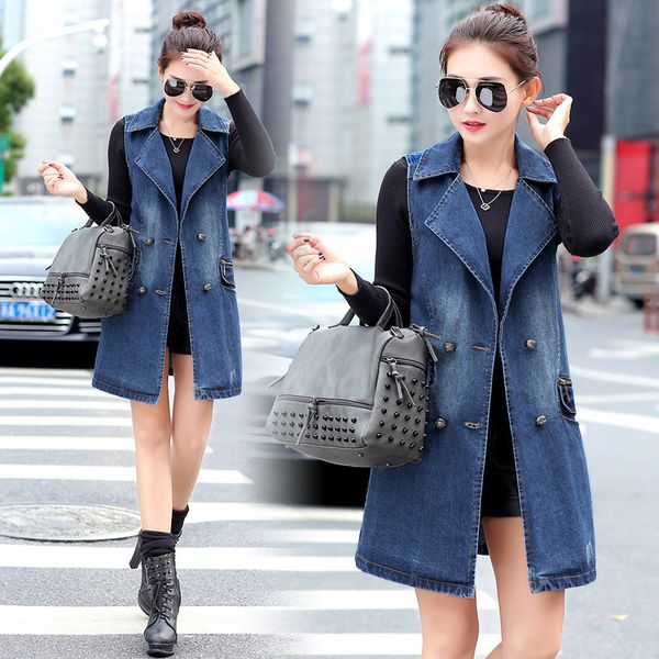 

spring autumn woman denim vest casual double breasted turn down collar jeans vest for women sleeveless vintage denim jacket coat, Black;white