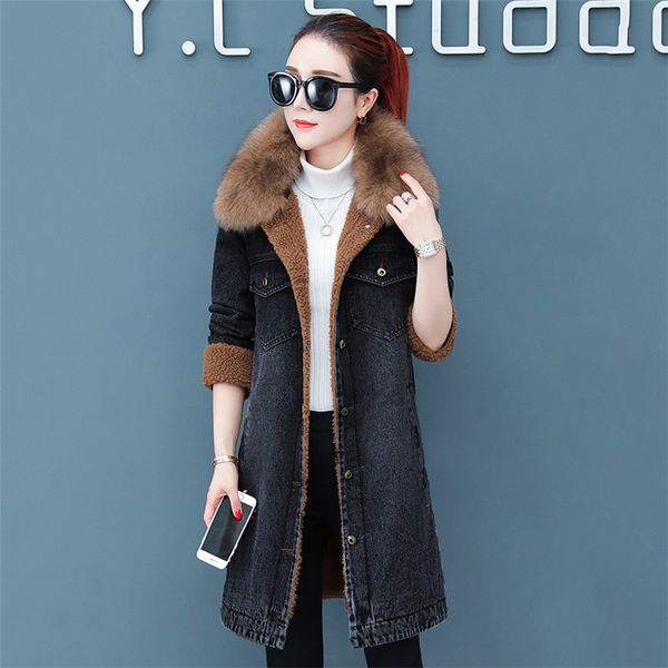 

winter parkas denim jacket women plus velvet thickening coat 2019 medium long loose warm large fur collar cotton overcoat jia395, Tan;black