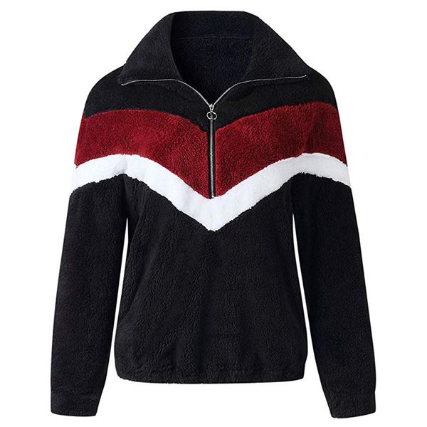 

pullover soft plush daily wear long sleeve warm winter fashion casual with pockets half zipper stand collar women sweatshirt, Black
