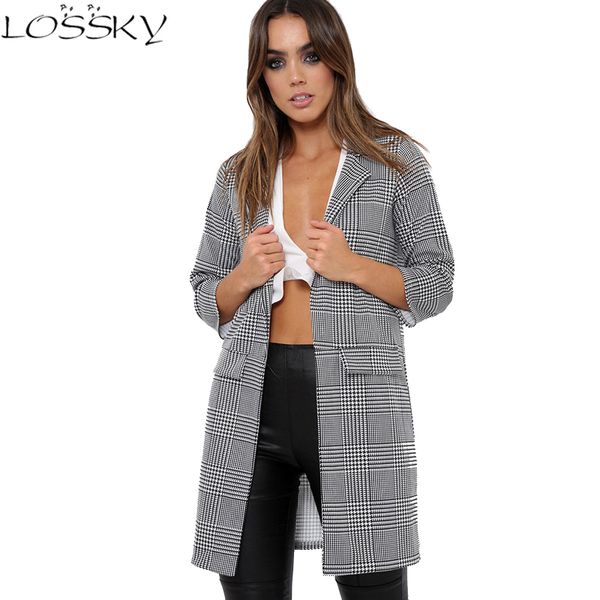 

2017 autumn houndstooth office lady coat women blends vintage long coats plaid coat causal suit collar female jacket overcoat, White;black