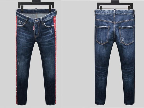 

мужские джинсы дизайнерские мужские рваные лоскутные джинсы бегуны мода мужские синие джинсовые брюки печатные проблемные промытые брюки, Blue