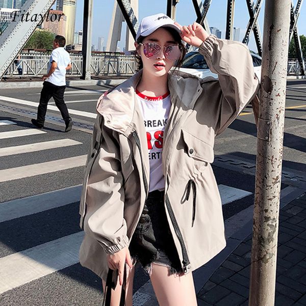

fitaylor 2019women casual hooded windbreaker coat turndown collar overcoat outerwear coat solid color trench belt easy, Tan;black