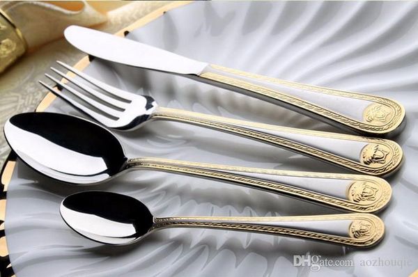 

Whole ale 4pc medu a head gold cutlery tainle teel flatware et tableware dinnerware knife poon fork new
