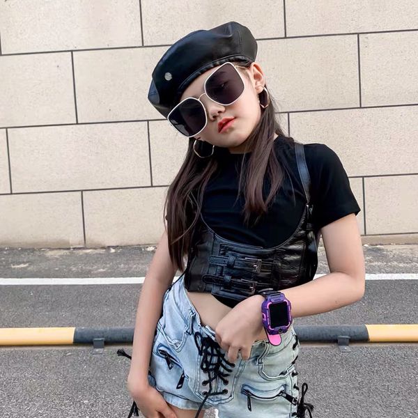 

summer girls 2 pcs set baby tee shirt + pu vest kids suits children streetwear clothes fashion solid buckle strap 3 to 12 yrs, White