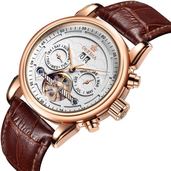 

men's hollow watch automatic mechanical watch calendar multi-function belt men's, Slivery;brown
