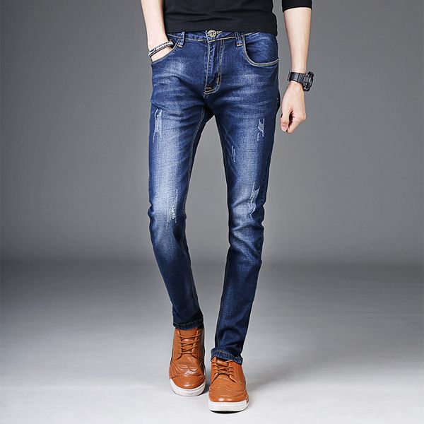 

men slim casual jeans men elastic jeans pencil pants straight slim brand male pants, Blue