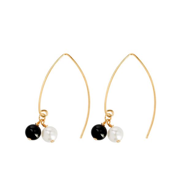 

925 white fungus ring black and white shell bead combination simple atmosphere gilt v word big ear hook earrings ed10431, Golden;silver
