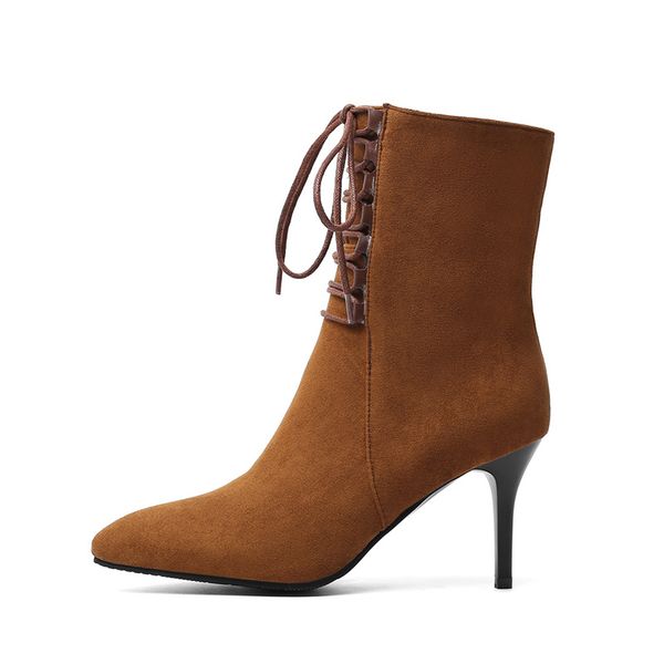 

plus size 34-47 fashion pointed toe ankle boots for women high heels short boots shoes lace up black brown women's
