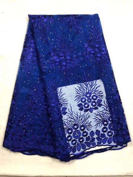 

5yards/pc beautiful royal blue french net lace fabric with rhinestone flower embroidery african mesh lace for dress qn84-2