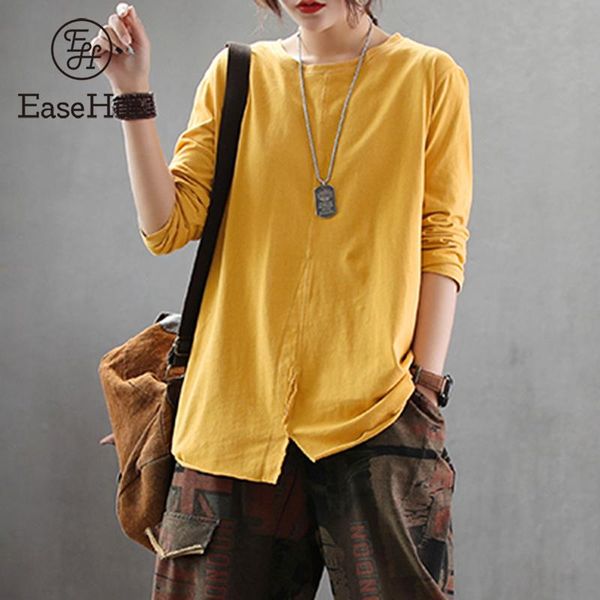 

easehut women vintage cotton blouse solid long sleeve o-neck split hem loose vintage casual shirts blouses pullover blusas, White