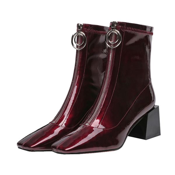 

ankle booties women stylish fall shoes former zipper chunky medium heels feminine autumn shoes burgundy square toe short boots, Black