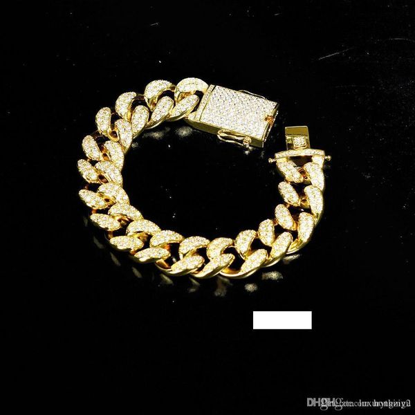 

20mm men zircon cuban link bracelet hip hop jewelry gold thick heavy copper material iced out cz chain 7''-9, Black