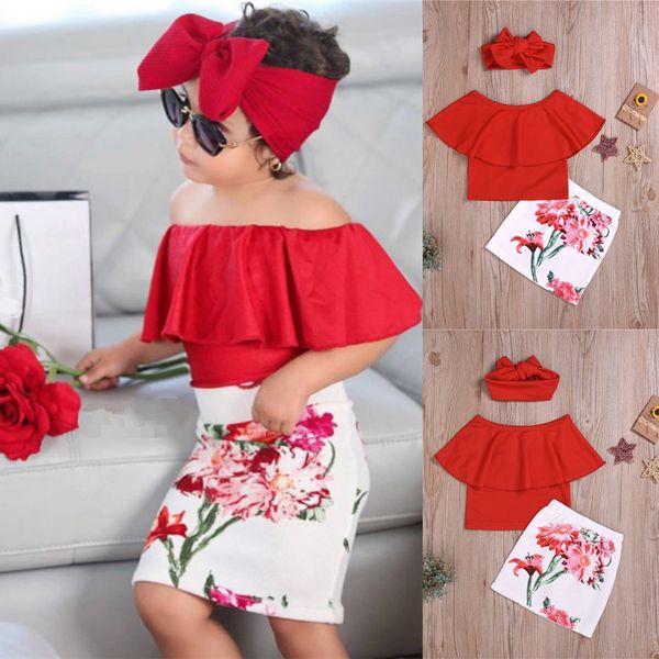 

kids clothes girls t-shirt + skirt + headband 3 piece sets kids designer clothes solid color ruffles t-shirt high waist floral skirt jy281, White