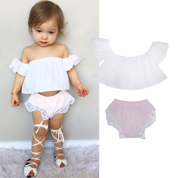 

newborn clothes cute baby girls off shoulder +lace shorts pants outfits set sunsuit clothes summer infant baby girls costume, Pink;blue