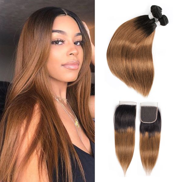 

1b30 ombre human hair bundle with clo ure golden brown brazilian traight hair 3 bundle with 4x4 lace clo ure remy human hair exten ion, Black;brown