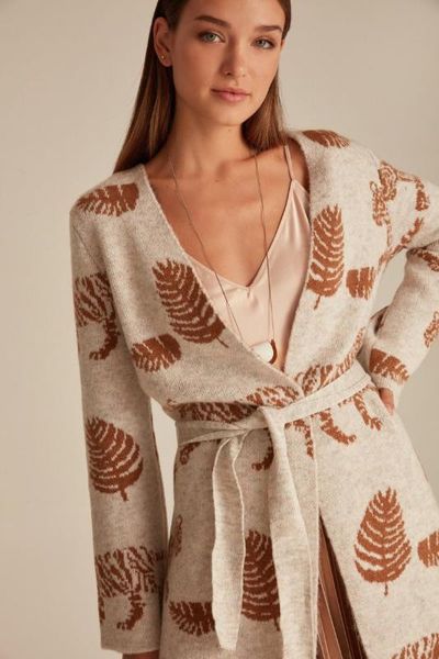 

joinus leaf pattern вязаный кардиган с поясом женщина ecru, Black;brown