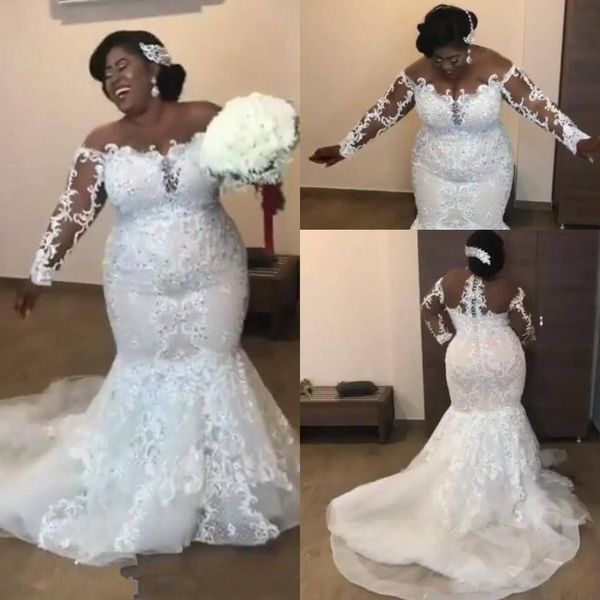 

2019 африканские прозрачные длинные рукава кружева русалка плюс размер свадебных платьев аппликации из бисера придворный поезд свадебные платья Vestidos De Novia