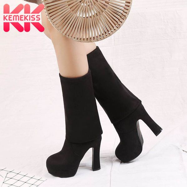 

kemekiss women high heel boots winter keep warm fur over the knee boots platform casual black stretch shoes women size 34-43