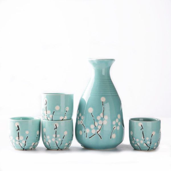 

japanese sake set 1 ceramic bottle flask 4 cups 1 bamboo serving tray asian wine gift handpainted sakura on blue pink green grey