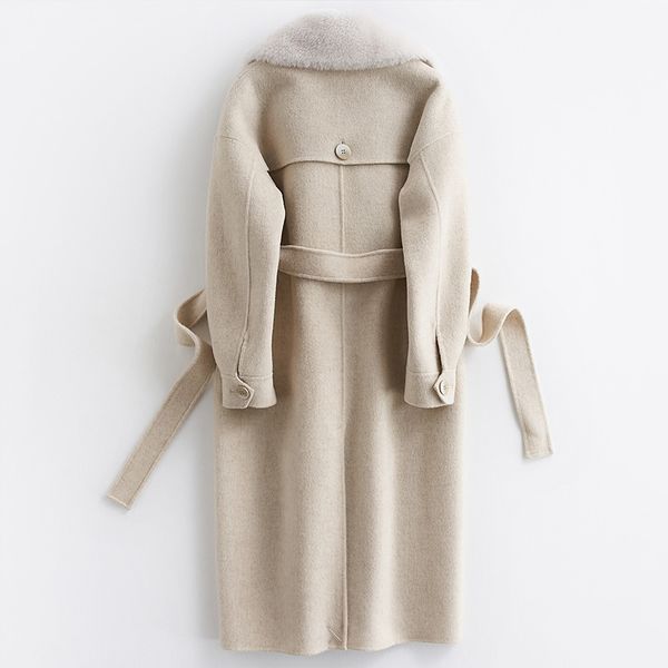 

coat wool 100% 2020 autumn winter jacket women fur collar double side woolen coats korean long jackets chaqueta mujer my en s s, Black