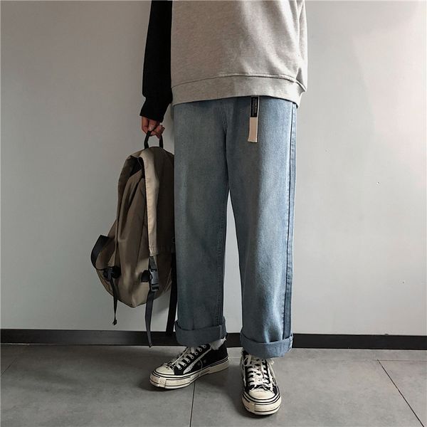 

men's jeans spring summer 2021 fashion casual wide leg men loose straight chic hong kong style trendy wild ankle length father pants, Blue