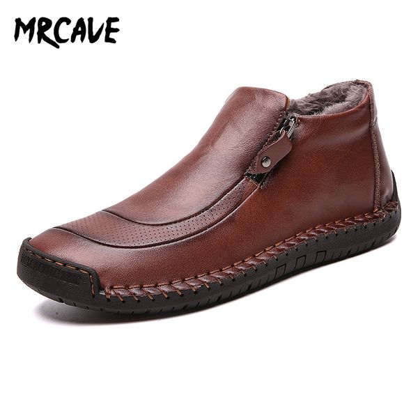 

mrcave men casual shoes genuine leather men work boots winter cotton loafers cowhide footwear warm cloth shoes ankle safety boot, Black
