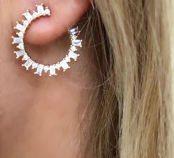

wedding engagement gift sparking bling jewelry gold silver clear round square cz circle hoop earring, Golden;silver