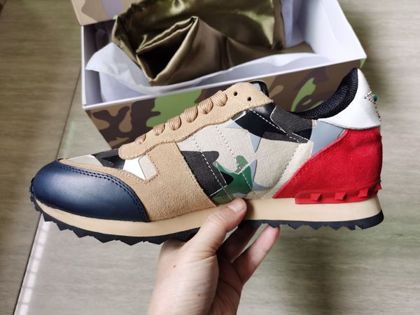 

leather suede stud rockrunner camouflage sneakers shoes men women flats designer rivet rockrunner trainers casual shoes whit box, Black