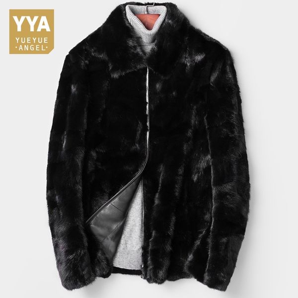 

brand men winter real fur mink coat office work furry outwear jacket business party formal luxury mink overcoat plus size, Black
