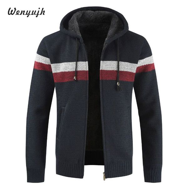 

wenyujh sweater coat men 2019 winter thick warm hooded cardigan clothes men striped cashmere wool liner zipper fleece coats, White;black