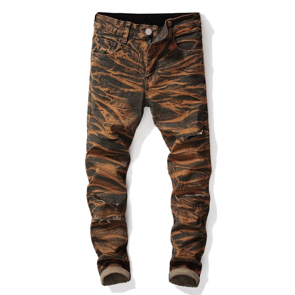 

new style men's jeans with holes, elastic straight tube retro european style pants