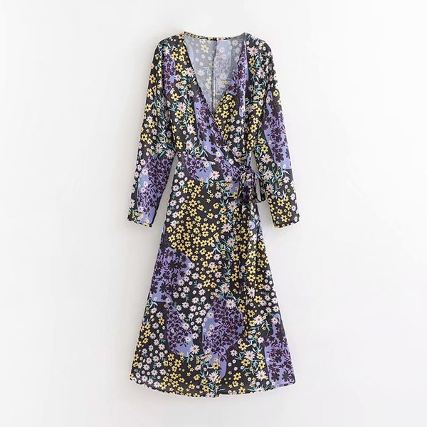 

casual dresses satin floral print women midi dress v neck long sleeve stylish ladies vintage female a line sashes, Black;gray