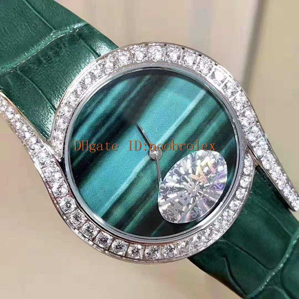 Nova mulher diamante relógio de luz limão senhoras relógio suíço quartzo 18k platina 316l aço caso moldura diamante safira couro verde str2018