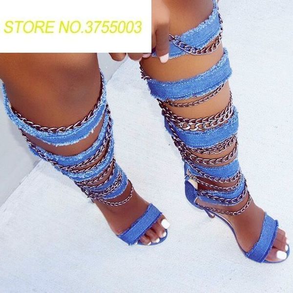 

women denim straps with metal chains sandals boots open toe gladiator ladies high heel knee high boots cut out style shoes, Black