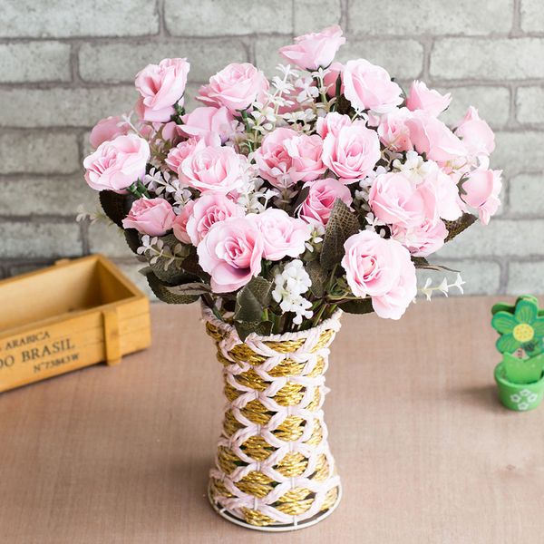 

12 heads pink blossom rose flower vivid mini silk artificial flowers bouquet decoration for wedding home life
