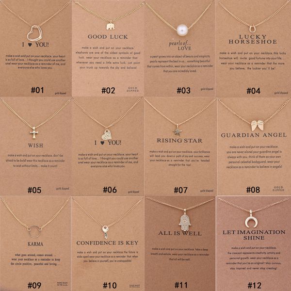 

12 styles dogeared choker necklaces with card gold circle elephant pearl love wings cross key pendant necklace for fashion women jewelry k61, Silver