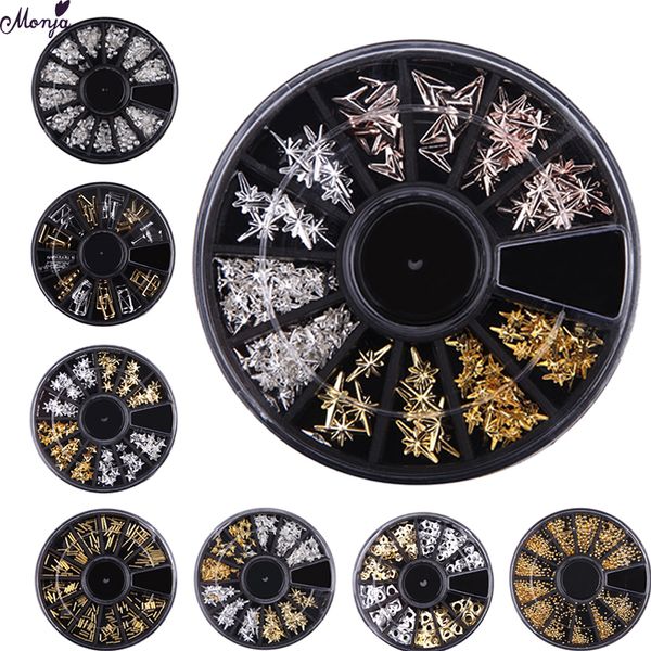 

monja nail art metal 3d rivets studs rhinestones beads star lines round square hollow flakes multi design decoration accessories, Silver;gold