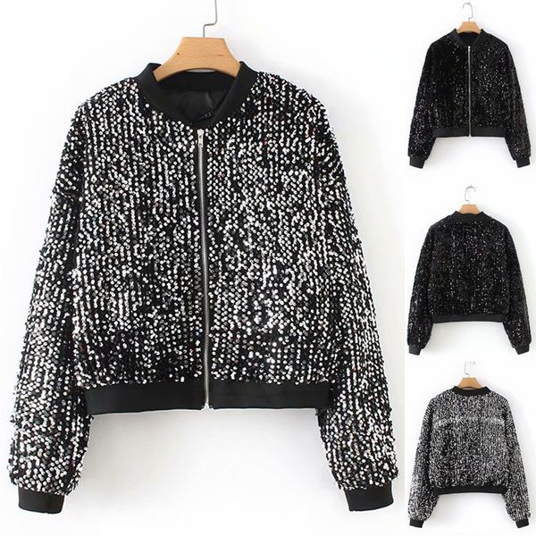

autumn jacket casual solid color long-sleeved womens fashion sequin jacket sparkle long sleeve outerwear loose pocket coat, Black;brown