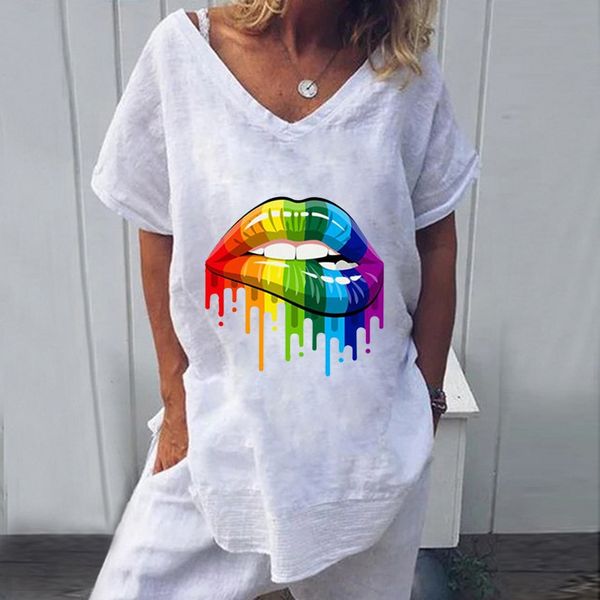 

v-neck large size short-sleeved female saliva lip printing v-neck large size short-sleeved female saliva t-shirt t-shirt lip printing, White