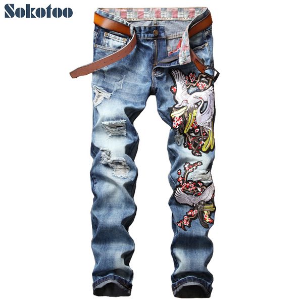 

sokotoo men's fashion crane plum blossom flower embroidery jeans casual holes ripped torn washed denim pants, Blue