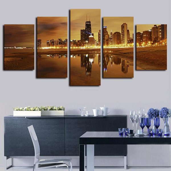 

5 panels dusk city building night view of the beach artworks giclee canvas wall art abstract poster canvas print oil painting wall decor
