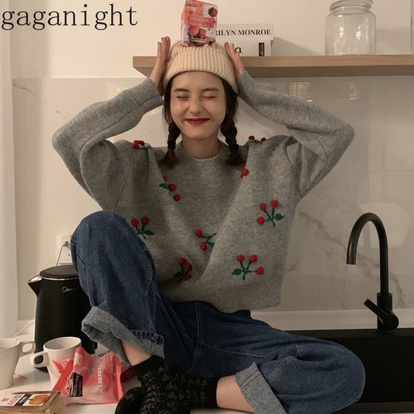 

gaganight cherry appliques vintage women sweater long sleeve o neck korean fashion pullover autumn winter jumper thick knitted, White;black